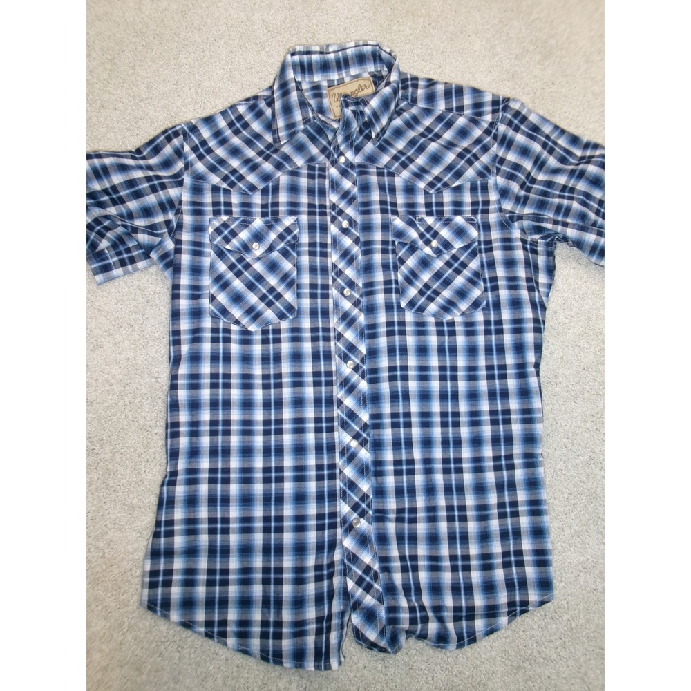 Wrangler Western Fashion Snap Shirt Mens Medium Blue Plaid Short Sleeve WM196NV - Picture 1 of 6